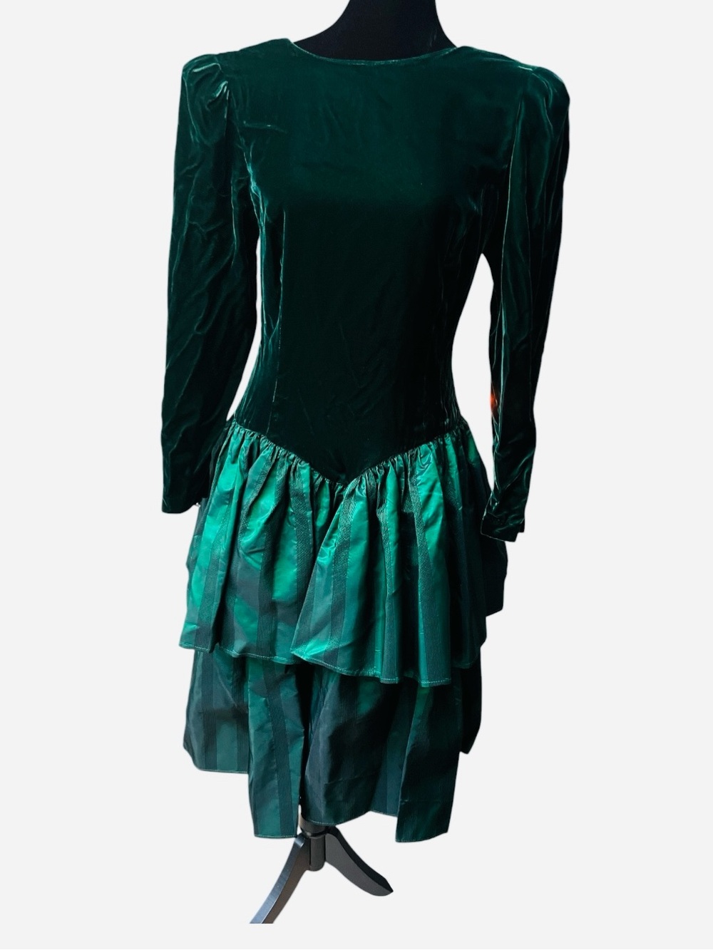 Vintage Donna Morgan Green Velvet & Satin Holiday Midi Dress SZ 7/8 Modest